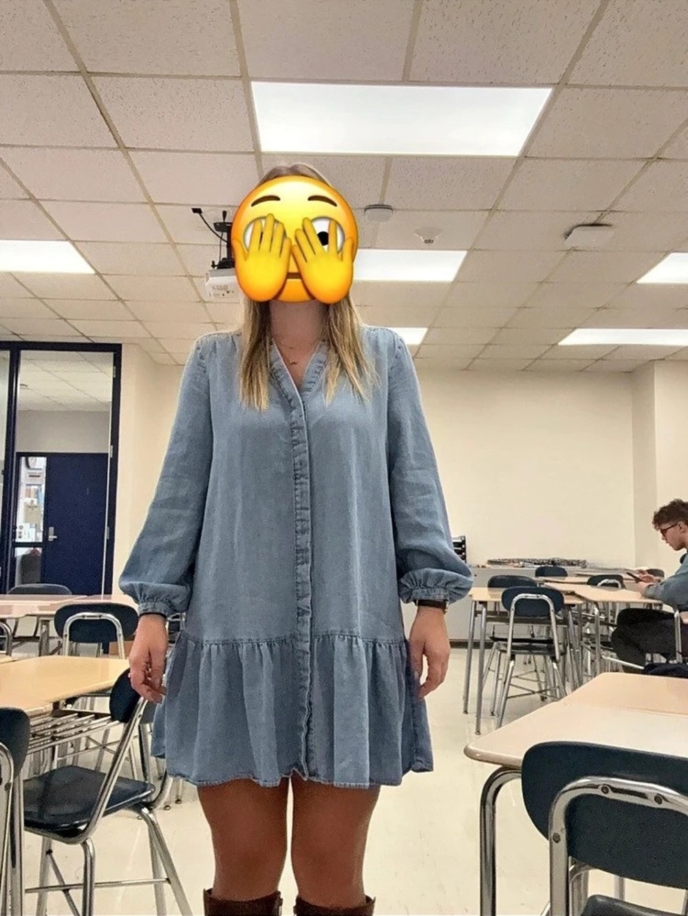 Loft Chambray Tiered Long Sleeve Mini Dress Blue